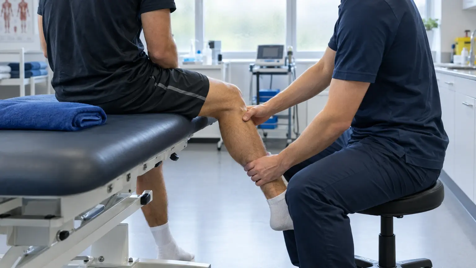 Anonymous footballer undergoing a lower-leg assessment in a club medical room