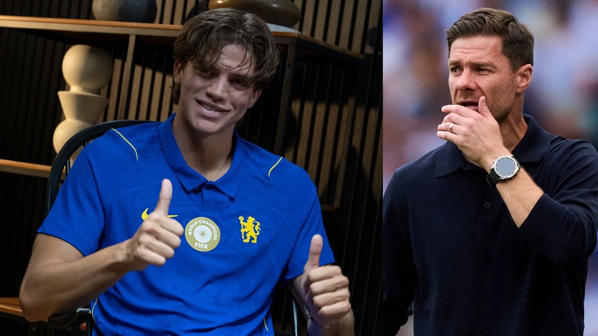 A split image showing Marco Palestra in a Chelsea shirt giving two thumbs up, and Xabi Alonso looking thoughtful.