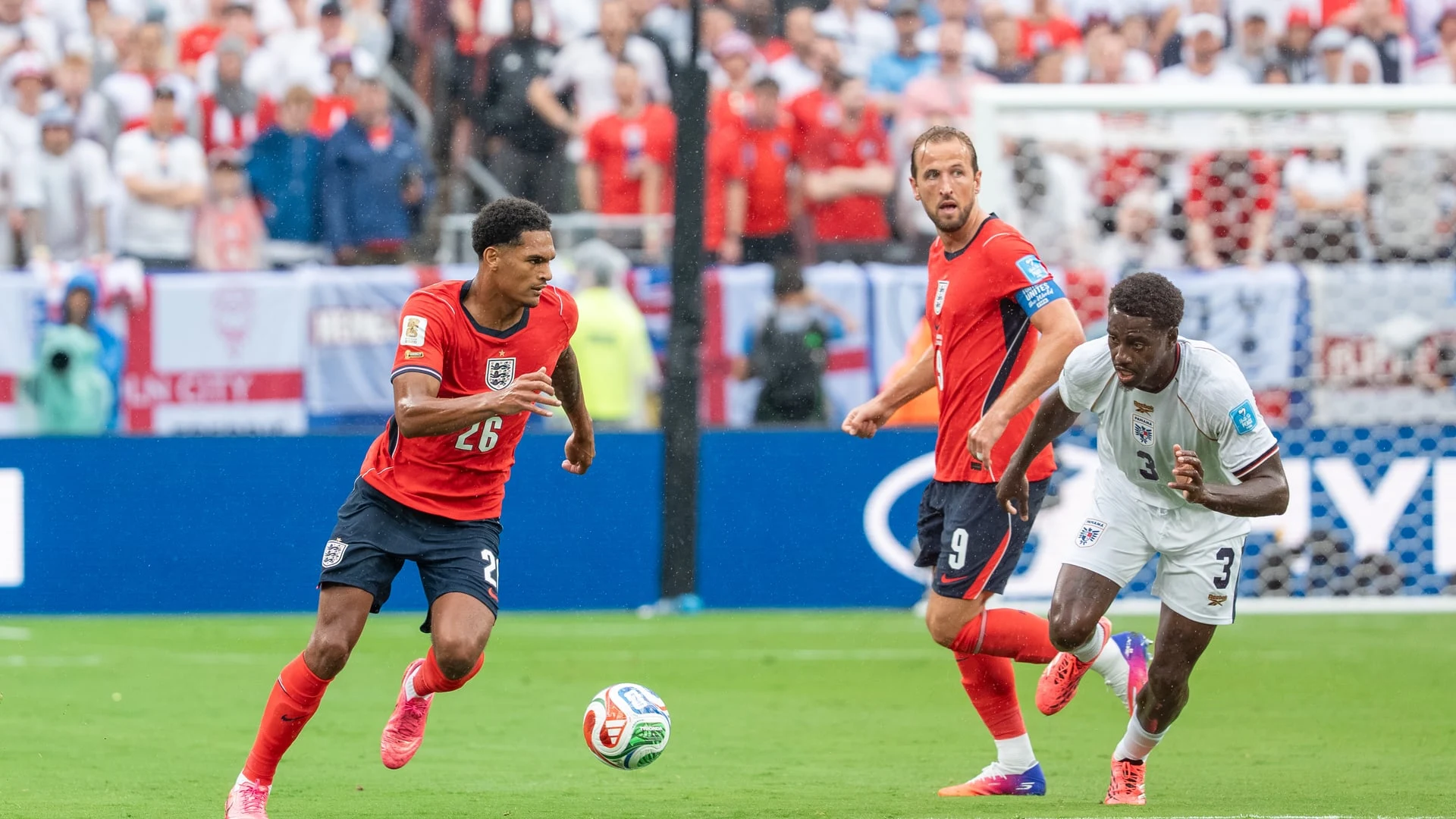 Jarell Quansah in an England kit during a football match against Panama.