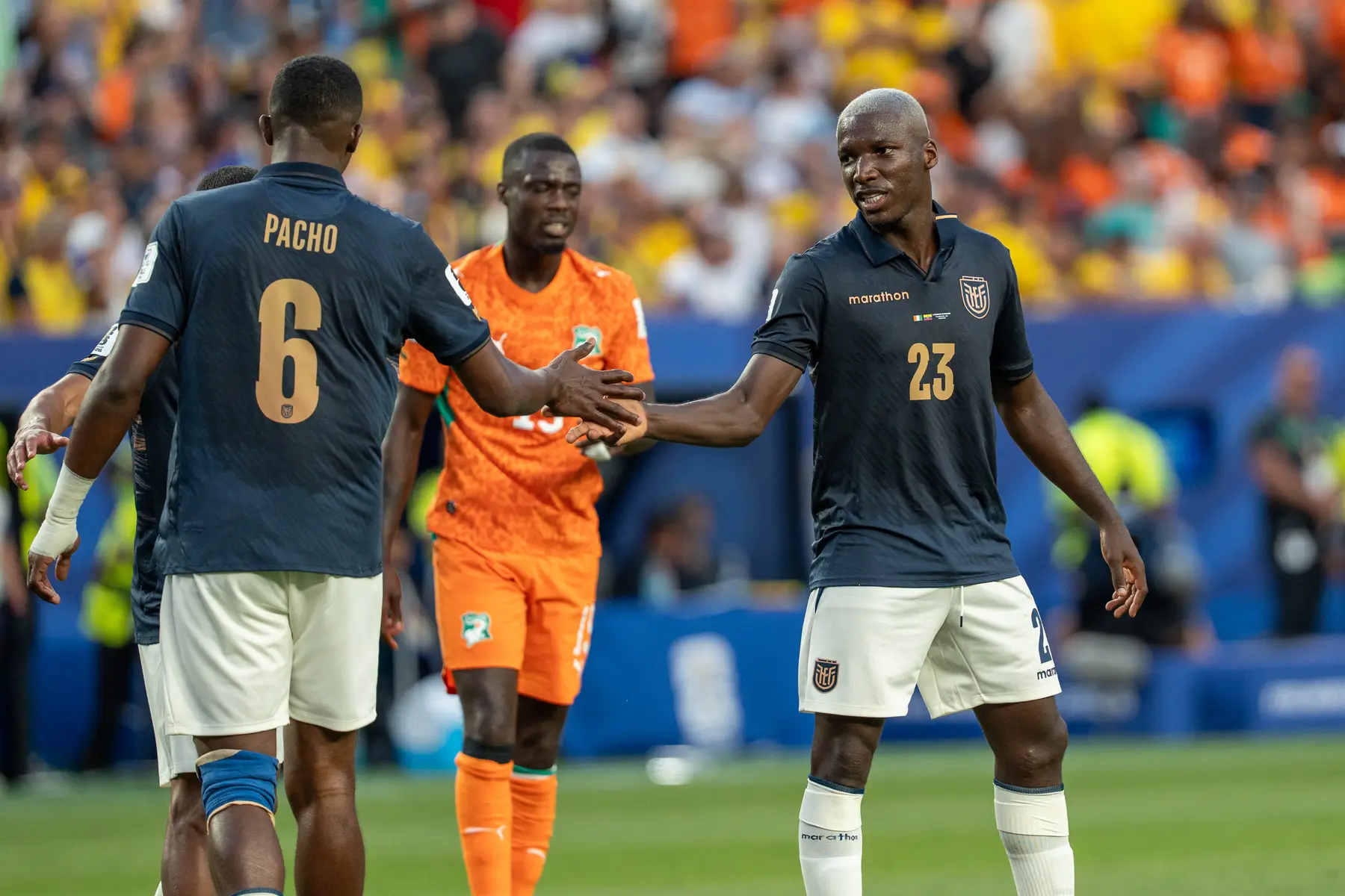 Moises Caicedo wearing the Ecuador national team kit during a match against Cote d'Ivoire.