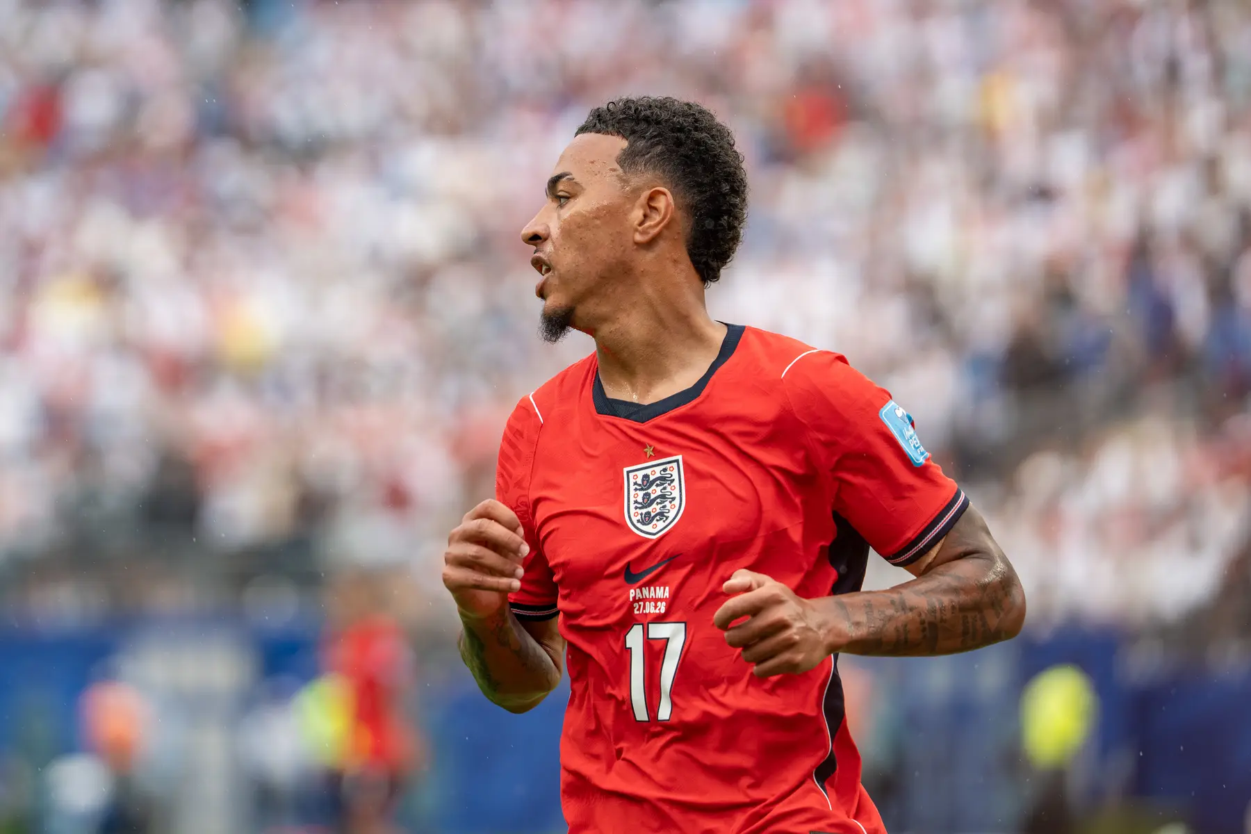 Morgan Rogers wearing an England kit during a match against Panama.