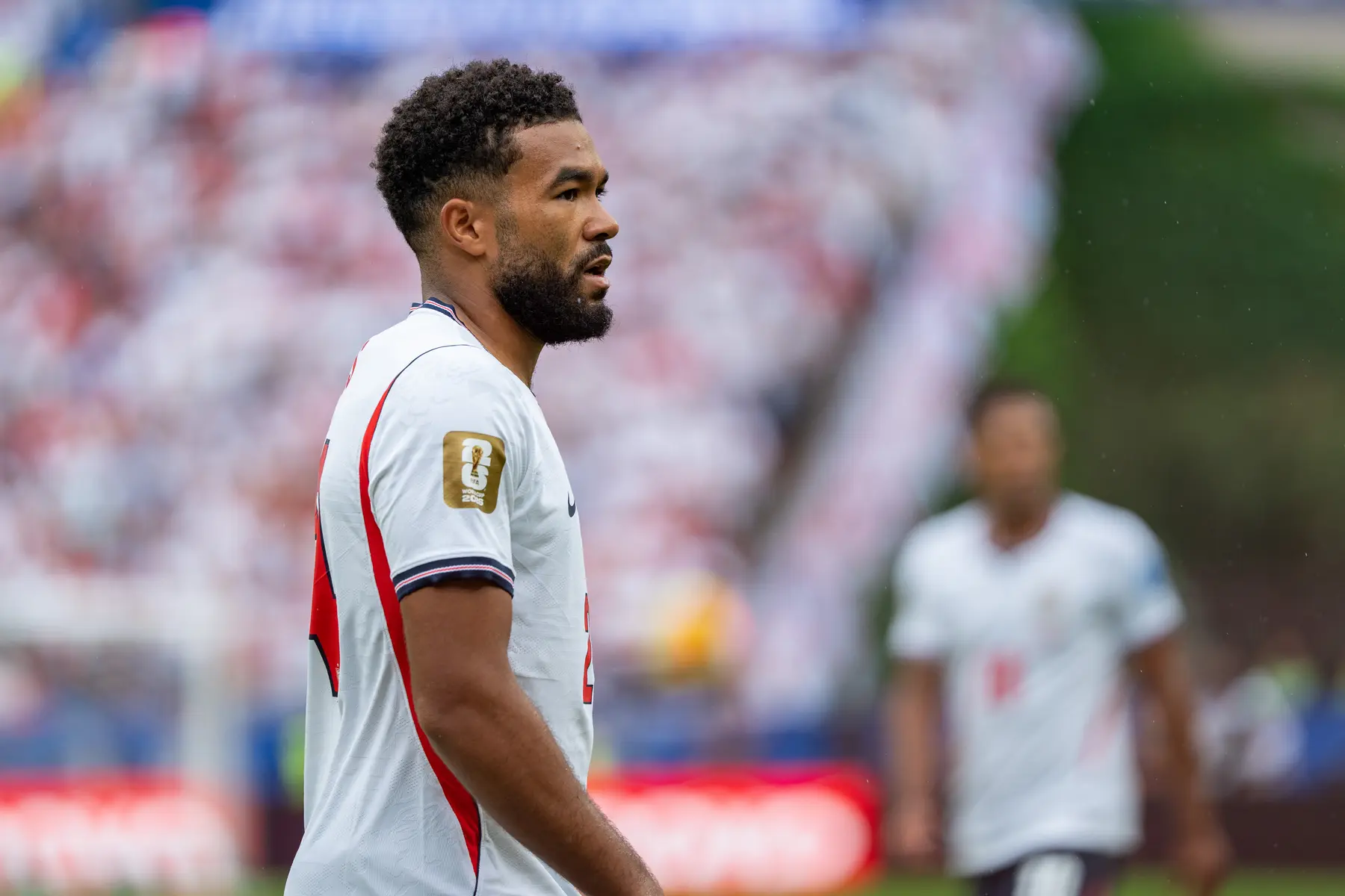 Reece James in an England national team kit during a match against Ghana.